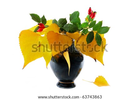 vase with a bouquet of autumn yellow leaves and rose hips