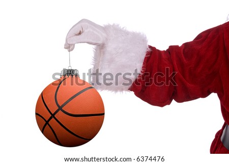 Santa Claus with basketball ornament in his white gloved hand