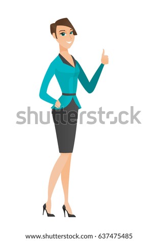 Young caucasian business woman giving thumb up. Full length of smiling business woman with thumb up. Business woman showing thumb up. Vector flat design illustration isolated on white background.