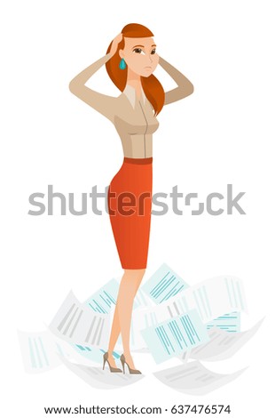 Business woman surrounded by lots of papers. Business woman having a lot of paperwork. Business woman standing in the heap of papers. Vector flat design illustration isolated on white background.
