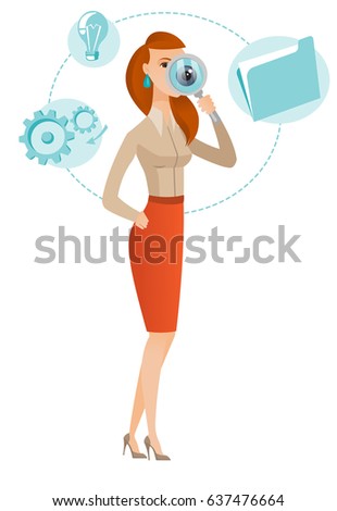 Caucasian business woman with magnifying glass. Business woman holding magnifying glass. Business woman looking through a magnifying glass. Vector flat design illustration isolated on white background