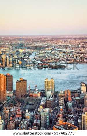 Aerial view of Manhattan West, New York, USA. Hudson River on the background