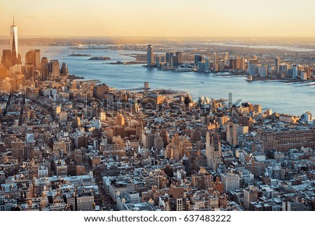 Aerial view of Skyline with Skyscrapers in Downtown Manhattan and Lower Manhattan, New York, the USA.