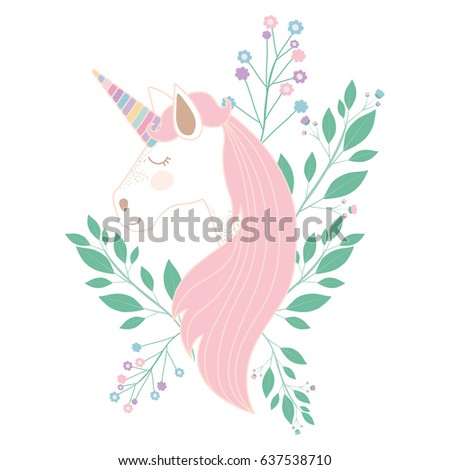 white background with unicorn face and floral decoration vector illustration
