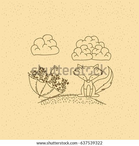monochrome hand drawn landscape of fox in hill and umbrella with plants vector illustration