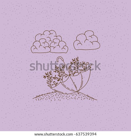 monochrome hand drawn landscape of umbrella with plants in hill vector illustration