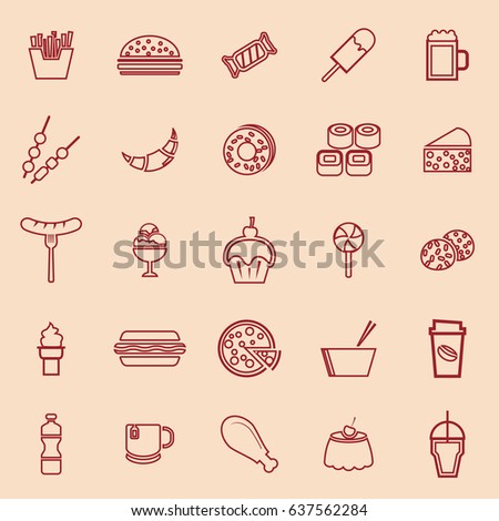 Fast food line color icons on brown background, stock vector