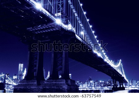 Manhattan Skyline and Manhattan Bridge At Night,   New York City
