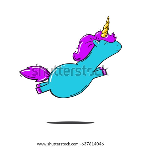 Fatty cartoon blue unicorn with pink hair, isolated on white vector illustration