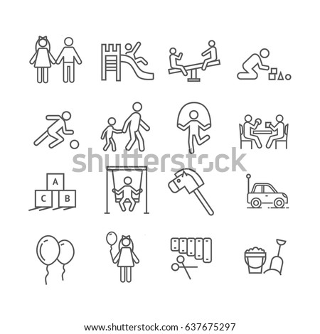 Set of kindergarten Related Vector Line Icons. Includes such Icons as playground, children, swings, roundabouts, toys, nursery, xylophone, blocks, aerial balls, sandbox Royalty-Free Stock Photo #637675297