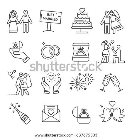 Set of wedding Related Vector Line Icons. Includes such Icons as wedding rings, engagement, fireworks, champagne, love, kiss, bride, groom, doves, marriage proposal Royalty-Free Stock Photo #637675303