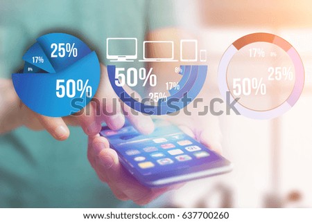 View of Blue survey graph interface with business theme going out a smartphone - Technology concept
