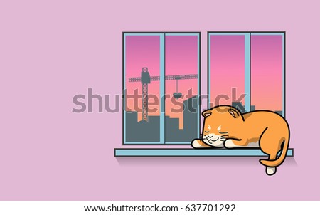 Vector illustration cute cat sleep at the window cartoon style. 