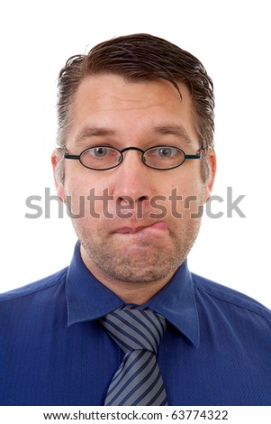 portrait of male nerdy geek making funny face over white background