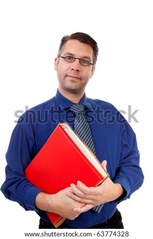 male nerdy geek carry books over white background
