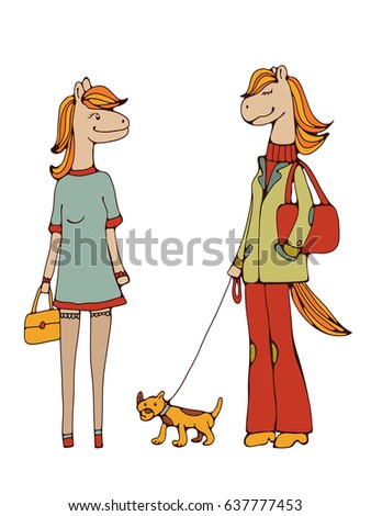 Cute hand drawn horse character girls with a dog. Illustration in vector format