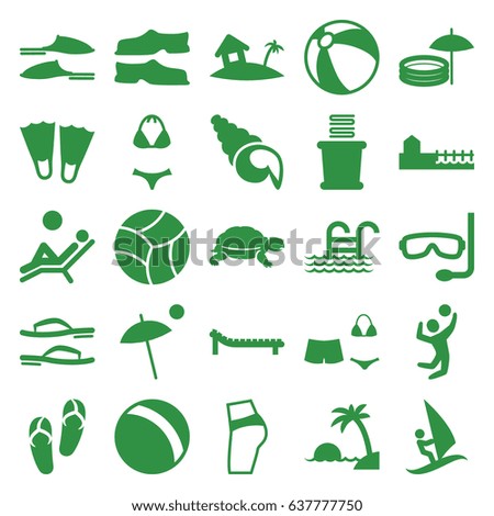 Beach icons set. set of 25 beach filled icons such as turtle, ball, beach ball, flip flops, towels, slippers, swimsuit, avenue, home on island, volleyball player, umbrella