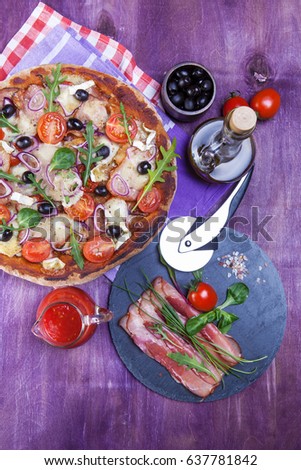 Delicious fresh pizza served on wooden table