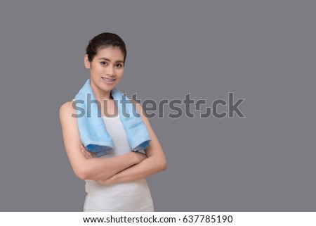 Asian healthy woman ready to exercising at sport gym, girl doing sport indoor.Photo design for fitness sporty woman and health care concept.