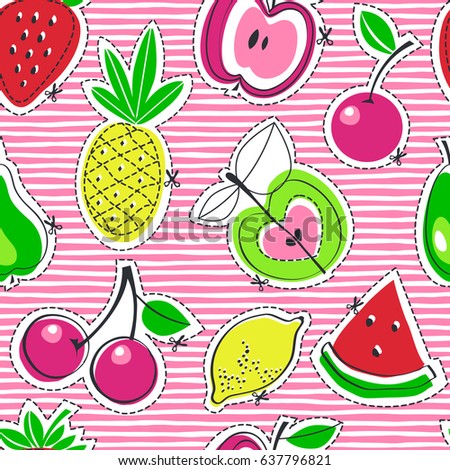 Fruits juicy.  Vector illustration of seamless pattern with apple, cherry, watermelon, lemon, pear, pineapple, strawberry. 
