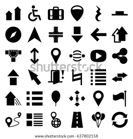 Navigation icons set. set of 36 navigation filled icons such as arrow up, road, man move, disabled, navigation arrow, pin on globe, distance, flag, luggage, music pause, pause