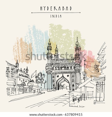 Hyderabad, Telangana state, India. Charminar - famous historical mosque. Travel sketch. Vintage hand drawn Ramadan Kareem or Idul Fitri celebration postcard or poster. Vector book illustration Royalty-Free Stock Photo #637809415