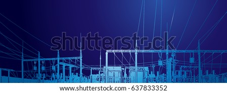 Vector contour silhouette. Substation, powerhouse. High-voltage line. Poles cable Background Royalty-Free Stock Photo #637833352