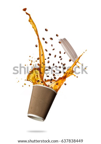 Take away cup with splashing coffee liquid isolated on white background. Hot drink with splash, beverages and refreshment.