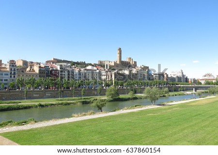 Panorama of Lleida. In the background the Seu (Old Cathedral). Catalonia, Spain.