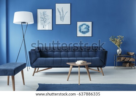 Botanic style spacious blue living room with pictures on the wall
