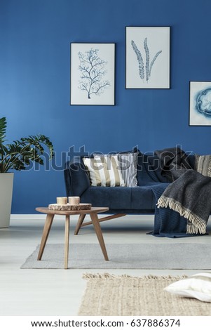 Blue modern interior of cozy spacious lounge with sofa