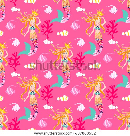 Mermaid pattern design. Vector background nice underwater with fish, plant, sea shell, coral leaf, starfish, anemone and banner fish. Whimsical pattern kids style for fabric, wallpapers...
