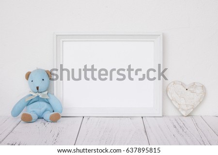 Stock photography white frame vintage painted wood table cute blue bear heart retro craft