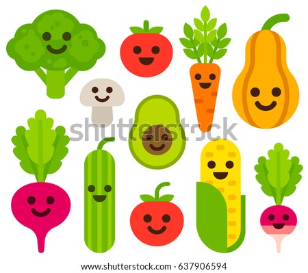 Cute cartoon smiling vegetables set. Healthy food vector illustration, modern flat icons.