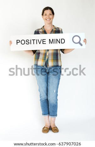 Woman holding banner network graphic overlay