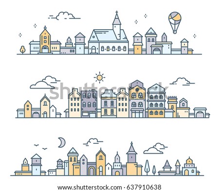 Urban european white detailed city with tree, cloud, air balloon. Vector illustration of three different summer city landscape on white background. Thin line art design for web, horizontal banner