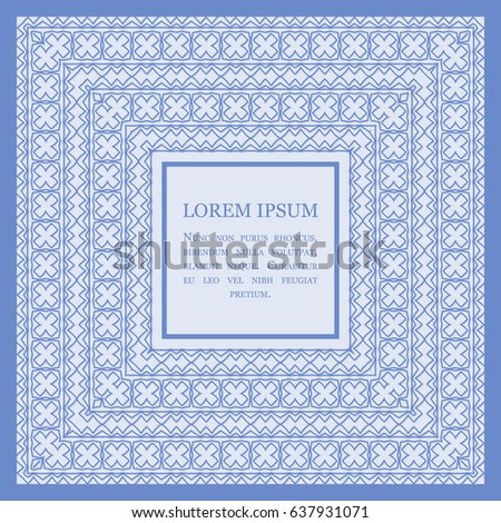 Decorative square pattern with place for text. Design template for packaging, fashion, greetings, cover, wedding etc. vector illustration in blue color.