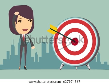 bright picture of businesswoman with dart and target. Stock vector illustration for poster, greeting card, website, ad, business presentation, advertisement design.