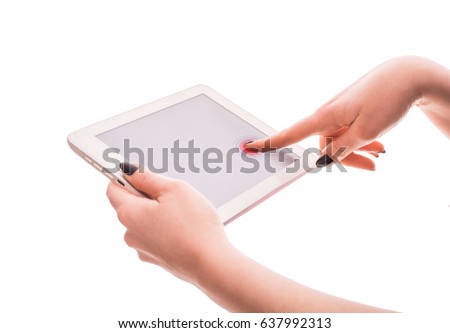 Tablet in hand on a white background