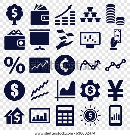Financial icons set. set of 25 financial filled icons such as payment, money on hand, wallet, graph, board, line graph, money tree, dollar in sun, dollar gear, wallet, coin