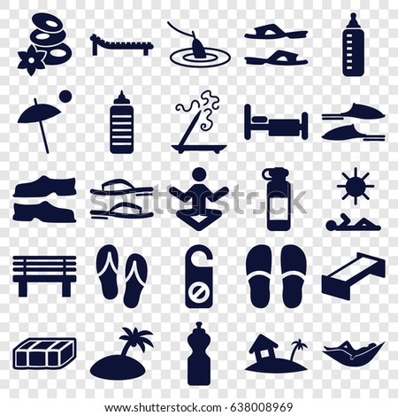 Relax icons set. set of 25 relax filled icons such as garden bench, baby bottle, woman in hammock, spa stones, aroma stick, do not disturb, slippers, bench, bed