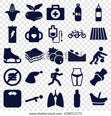 Healthy icons set. set of 25 healthy filled icons such as field, currant, beet, corn, oil, baby bottle, baby basket, bottle, spa stone, meat leg, drop counter, push up