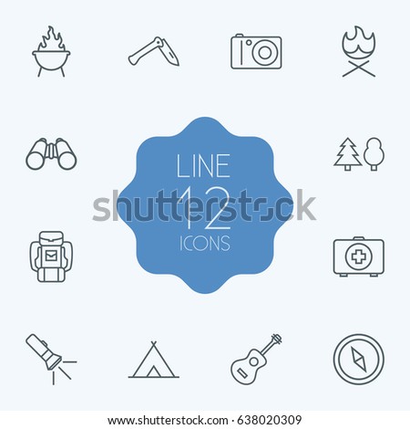 Set Of 12 Adventure Outline Icons Set.Collection Of Forest, Bonfire, Pocket Torch And Other Elements.