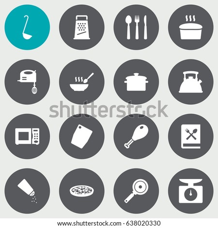Set Of 16 Cooking Icons Set.Collection Of Kitchen Rasp, Cutting Surface, Blender And Other Elements.