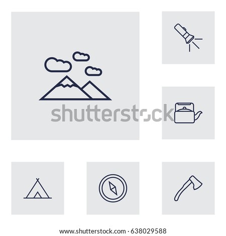 Set Of 6 Adventure Outline Icons Set.Collection Of Pocket Torch, Ax, Shelter And Other Elements.
