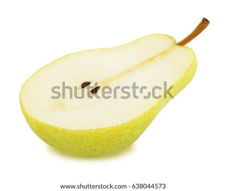 Half of ripe yellow pear with leaf isolated