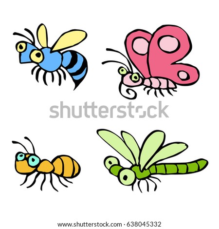 Cartoon insects flying and crawling somewhere. Vector illustration. Contour freehand digital drawing cute characters. Butterfly, wasp, dragonfly and ant. White color background.
