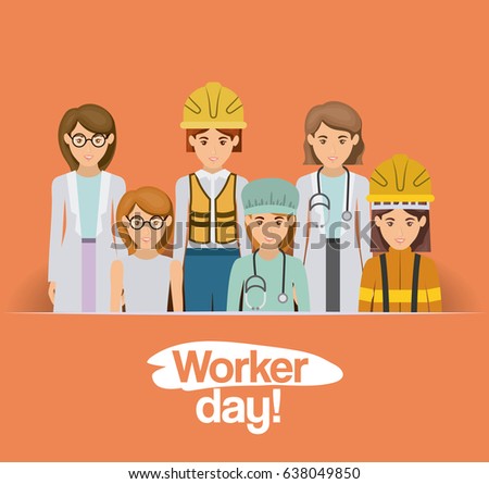 colorful card with group of female workers on worker day vector illustration