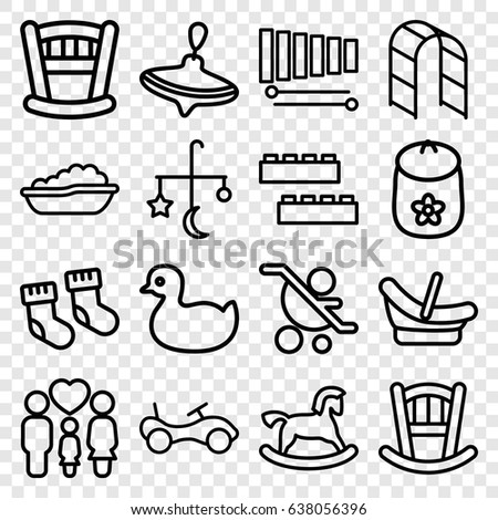 Childhood icons set. set of 16 childhood outline icons such as baby bed, baby socks, bed mobile, duck, horse toy, bike, whirligig, child building kit, playground ladder