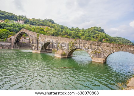 Maddalena Bridge, ( Ponte della Maddalena),  Borgo a Mozzano, Lucca, Italy, important medieval bridge in Italy. Tuscany.